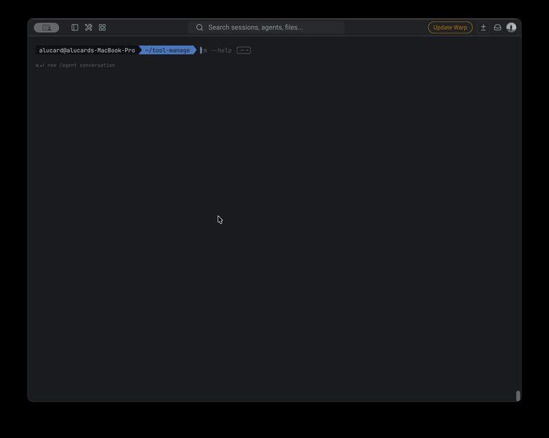 Terminal demonstration of adding a local command to tool-manage and listing the saved record